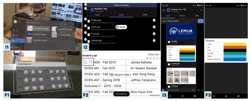 Microsoft Teams interface to access the files(I1-I3) and first-person view visualization of the files (F1-F3)